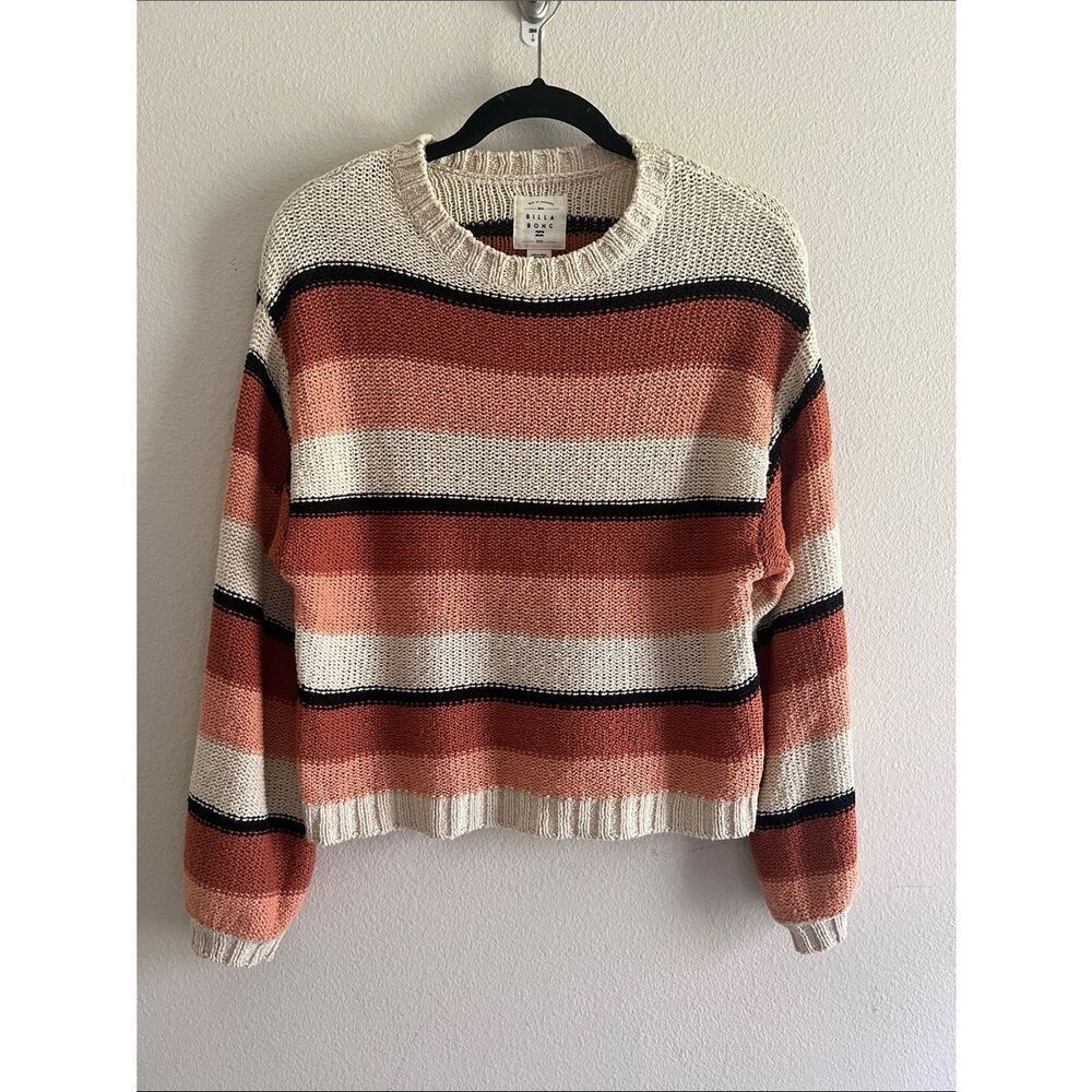 Billabong Striped Crewneck Sweater Rust Cream Oversized Knit Pullover Women’s S